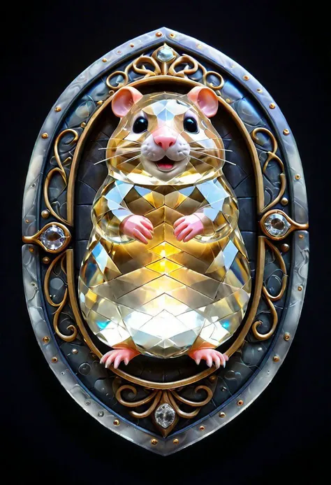 Heraldic coat of arms in the form of a shield depicting a plump Dzungarian hamster in armor, thin translucent tiles decorated with precious stones, diamonds, textured gold filigree inserts, ((LED glow inside)), mysterious, magical light, intricate, very detailed, transparent, oracle