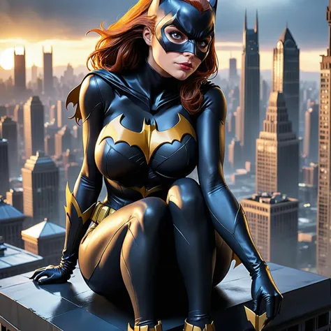 Obra de arte, Foto ultrafina, batgirl mask, melhor qualidade, ultra high resolution, Fotorrealista, luz solar, retrato de corpo inteiro, inacreditavelmente lindo, dynamic poses, rosto delicado, olhos vibrantes, (vista lateral) , ela usa fantasia futurista do Batman, seios grandes, decote, abaixo do peito, Sitting on top of a building, fundo muito detalhado, fundo de cidade de noite, olhando para o espectador, 1girl, rosto detalhado, Maravilhoso, pele altamente detalhada, detalhe de pele realista, sharp focus, volumetric fog, 8k hd, DSLR, alta qualidade, film grain, Pele clara, fotorrealismo, Lomografia, in a dystopian and sprawling future metropolis, visto de baixo, translucent, fundo cyberpunk, futurista, luzes neon, cyberpunk, system wave, night city