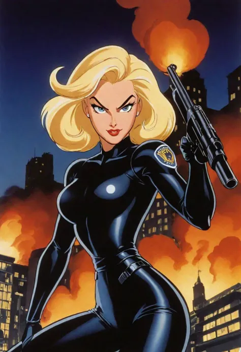 Drawn by Bruce Timm animated series, full-length, creates a team of beautiful and exuberant women blonde, dressed in a super secret agent costume, glamorous and in an extravagant and heroic position, it is captured in motion with a background blur of a city on fire, with police and aircraft. Bruce Timm's drawn style predominates, with his style of illustrations from the 1995 animated series Into the Night.