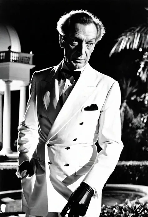 Night in 1922 night exterior, photograph taken with a 35 mm camera outdoors in black and white. Garden of a mansion, A middle-aged man, mad scientist in a white suit and black rubber gloves, walks confidently. extravagantly heroic. captured in motion with motion blur with a 35mm camera (Vincent Price)