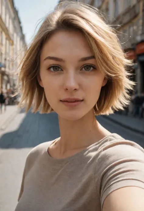 Create a selfie photo taken with the front camera of an iPhone 15. An ultra-realistic and detailed photo of a beautiful woman, with short dark blonde hair, captured in motion on a street in Kiev in Ukraine, With motion blur, it is captured in natural daylight.
