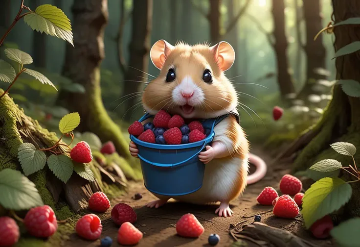 ( chubby little Dzungarian hamster pick raspberries in the forest. a bucket of berries.) a map , loaded with backpacks, masterpiece 8k wallpapper, neoplasticism, Unreal Engine, dramatic lighting