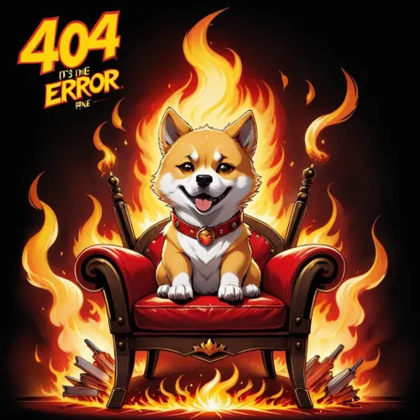 comic book art of <lora:Harrologos_V1.0:1> (text logo "404 error, it's fine":1.3), yellow, red, spikey, fire, flames, smoke, doge, shiba inu, baby-doge, cheems sitting on chair, comic art, graphic novel illustration