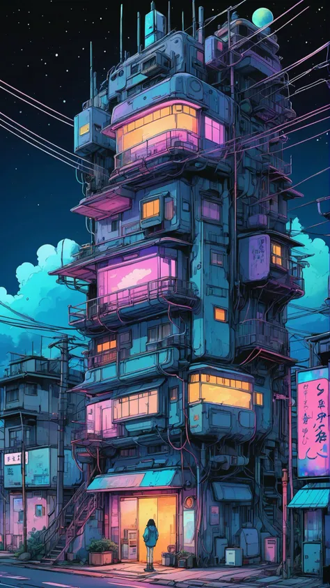 anime sketch of a futuristic cyberpunk apartment at the edge of the city, front view, art style of moebius and studio ghibli, pen and watercolor, 2d, bright colors, saturated colors, night, moonlight, neon lights, neon ads, cables, screens, computers, telephone poles, powerlines, clouds, stars