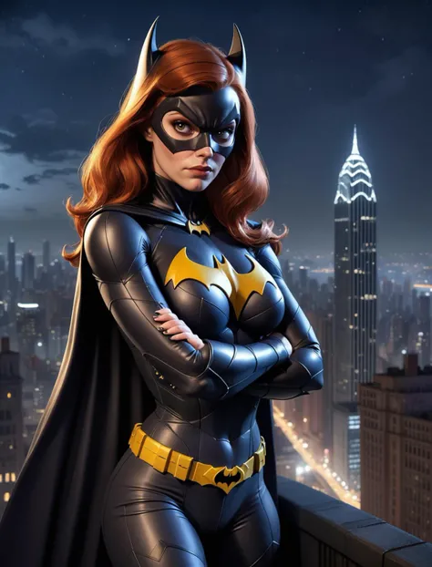 a photorealistic image of barbara gordon as batgirl with a fantastic view of skyscraper in gotham city, night, night sky, crossed arms,