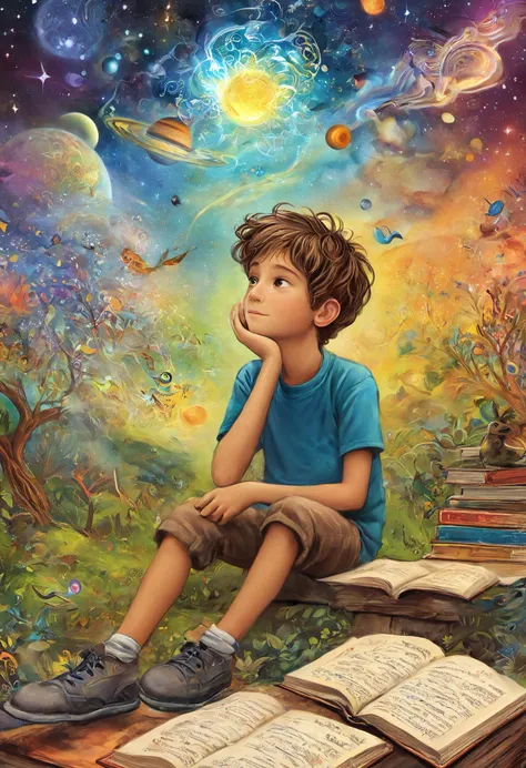 Psychedelic art (drdjns style), (childrens_book_illustration style), a young boy is daydreaming at school, imagining all sorts of magical things that are forgotten by the adult mind, masterpiece, 8k, hdr, award winning, highly aesthetic