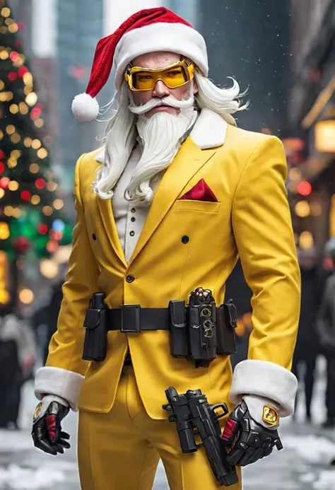 Photo of mecha Santa hitman, wearing yellow suit, christmas