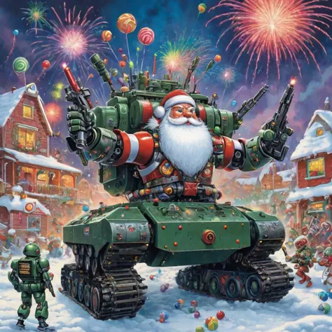 riveted steel body mechanical robot santa in the style of Heavy Metal album cover circa 1996, taking over a small village, cops and armed security forces surround mecha Santa, his candy cane drones and tank elves rain down colorful christmas themed fireworks from the skies and launch snow balls