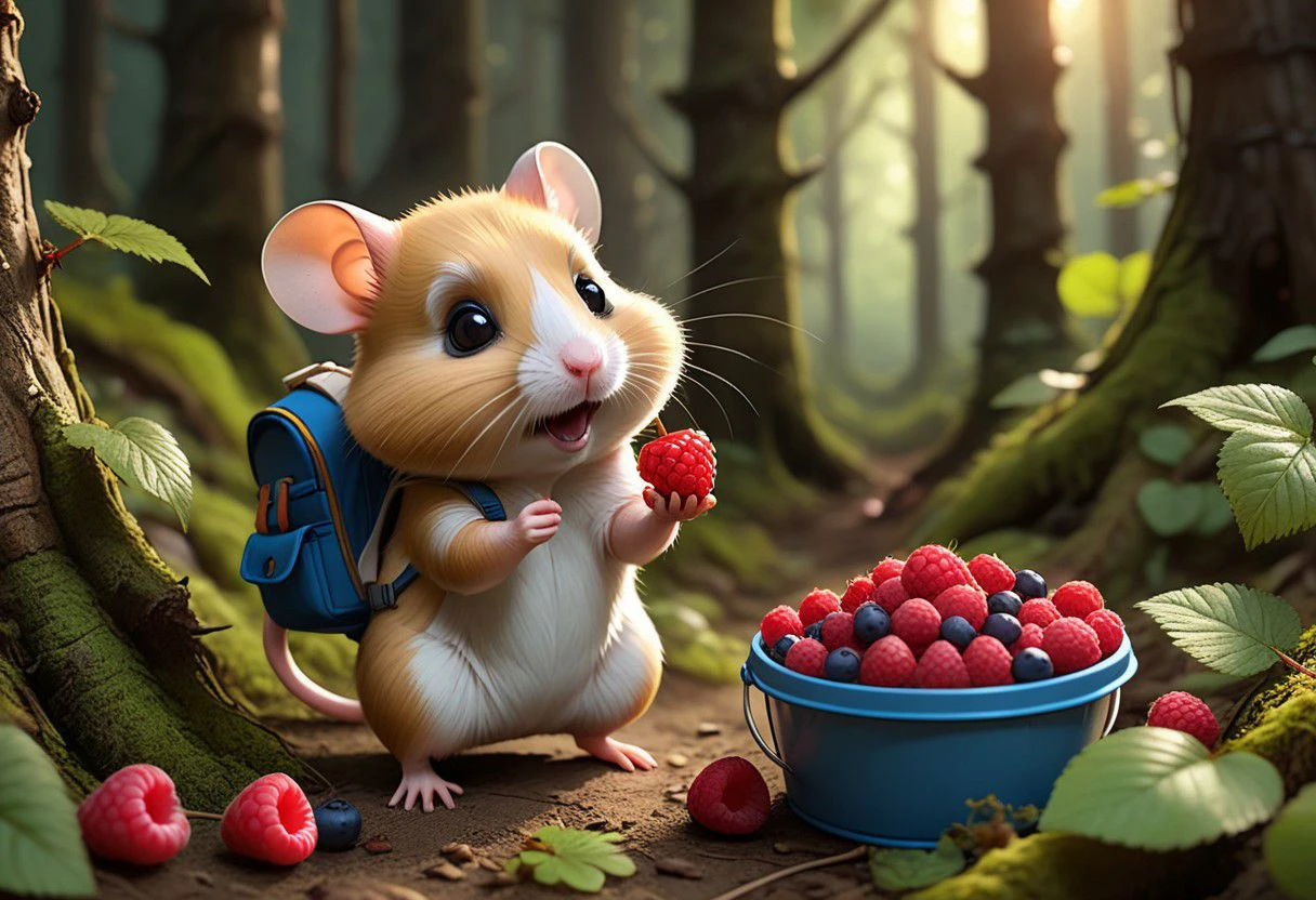 ( chubby little Dzungarian hamster pick raspberries in the forest. a bucket of berries.) a map , loaded with backpacks, masterpiece 8k wallpapper, neoplasticism, Unreal Engine, dramatic lighting