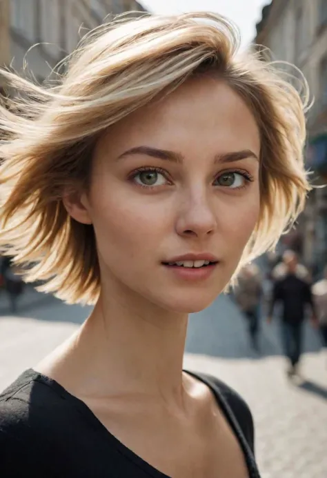 Create a photo taken with the front camera of an iPhone 15. An ultra-realistic and detailed photo of a beautiful woman, with short dark blonde hair, captured in motion on a street in Kiev in Ukraine, With motion blur, it is captured in natural daylight.