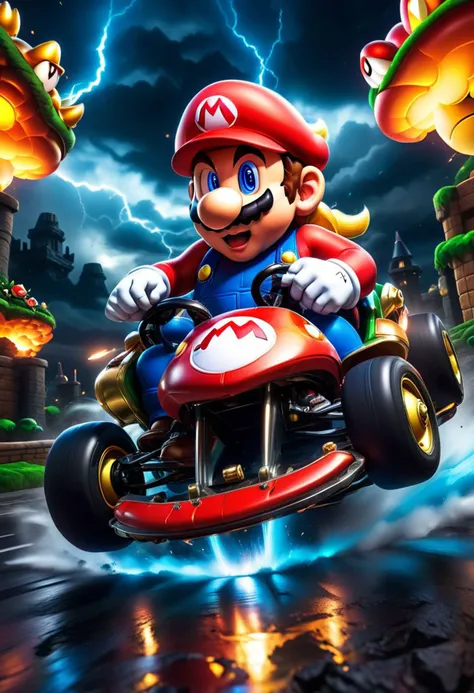 (masterpiece:1.2), (best quality,:1.2), 8k, HDR, ultra detailed, ((photorealistic)), professional light, cinematic lighting,ambient lighting,OverallDetail, 
 Super Mario Kart 8 Deluxe style, vibrant colors and detailed textures.)) | Mario in action, driving his kart on a thrilling track in Bowser's Castle during a stormy night, while dodging lava jets and challenging obstacles.