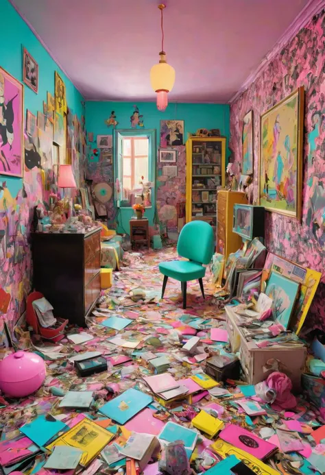 By Herg, neon-pastel Bad Trip Girl, high on life, Trash Surrealism wallpaper, Focus at right side of a crowded loong Floor through many different rooms into eternity