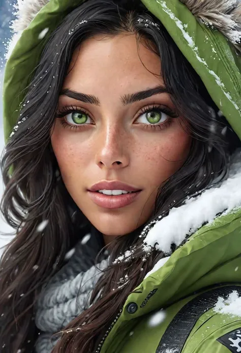 style by (Carmen Saldana:2.5),unique ultrarealistic Christmas Atmosphere,Dynamic Angle,Cinematic Lighting,snowfall detailed winter masterpice,splash art,<lora:add-detail-xl:1.4>, windy epic arctic,expedition,snowmobile perfect freckles face,green eye,professional make-up,mesmerise 1girl selfie,Huge Detailed Scene