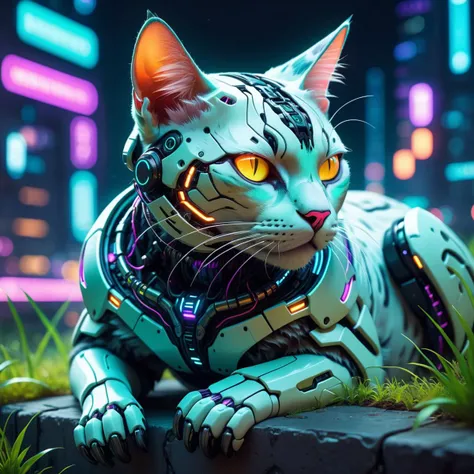 A cat with intricate cybernetics body part, cyberpunk, science fiction, grass, wall, neon lights, night, bokeh, sleeping, closed eyes,