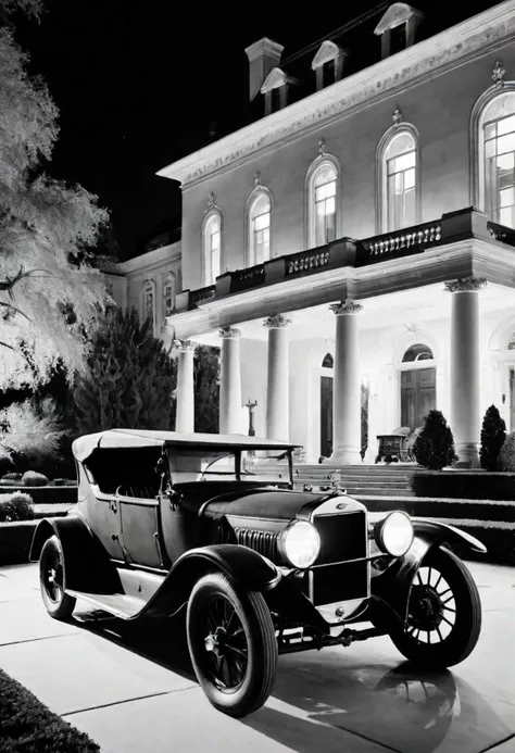 Night in 1922 exterior night, photograph taken with a 35mm camera outdoors in black and white. Garden of a mansion, A Ford model T car, a military modified vehicle with futuristic weapons, advanced high-tech machine guns, a madmax type vehicle