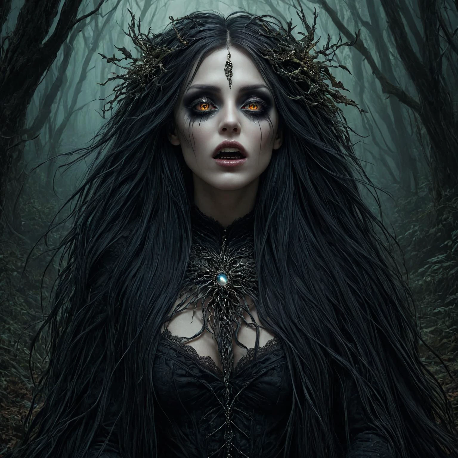 an intricately detailed dark fantasy painting of a woman in the forest, being devoured by nature, contrasting color, bright detailed eyes and simple gothic makeup, religious jewelry, long softly flowing hair spread around her, in the style of stefan gesell and victoria frances, dark atmosphere, dramatic lighting, <lora:Stefan_Gesell_style_m:0.5> 5GPstyle, <lora:Victoria_Frances_v2_XL:0.6> traditional media, traditional painting, drawing