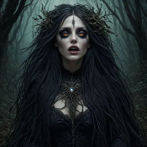 an intricately detailed dark fantasy painting of a woman in the forest, being devoured by nature, contrasting color, bright detailed eyes and simple gothic makeup, religious jewelry, long softly flowing hair spread around her, in the style of stefan gesell and victoria frances, dark atmosphere, dramatic lighting, <lora:Stefan_Gesell_style_m:0.5> 5GPstyle, <lora:Victoria_Frances_v2_XL:0.6> traditional media, traditional painting, drawing