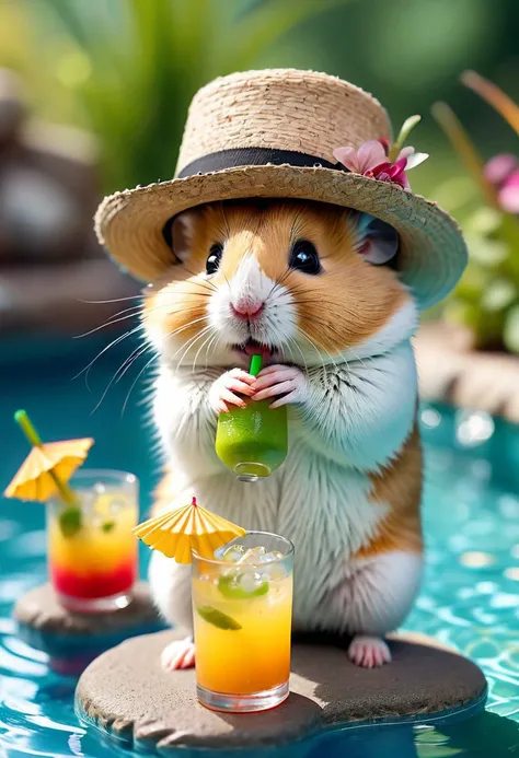 a photo with a tilt shift . selective focus, miniature effect, blurred background, highly detailed, bright, perspective control, a picture with a natural tilt (whimsically artistic), charming additional (fluffy: 1,3) chubby Dzungarian hamster in an adventurer's hat, ((relaxing in the pool, drinking a cocktail)), dry meadows, tiny rocks, magical, macro photography, (charming:1.3), (luminous: 1.2), (huge flora: 1.1), mystical, vivid photography, flickering light, preoccupied, bizarre, disturbing, soft-focus, over-detailed digital art