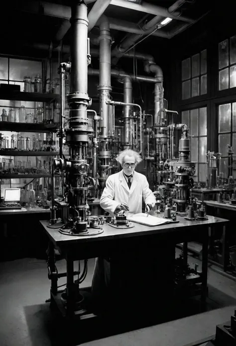 Night in 1922 interior of a scientist's laboratory at night, photograph taken with a 35mm camera outdoors in black and white. a mad scientist is making futuristic, high-tech robots surrounded by tesla coils, captured in motion with motion blur, steampunk