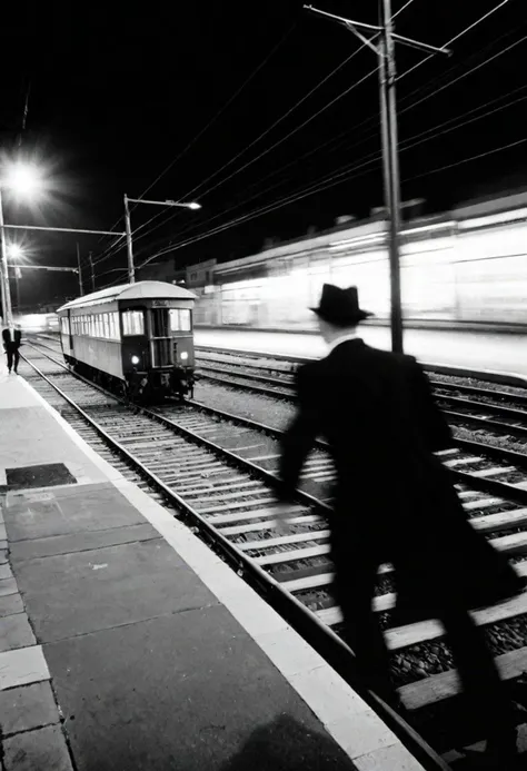Night in 1922 exterior night level crossing, photograph taken with a 35 mm camera outdoors in black and white. ,A middle-aged man dressed as a gangster smokes while waiting. with a 35mm camera