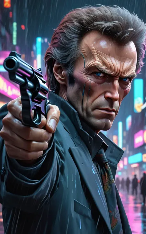 (masterpiece:1.1), (highest quality:1.1), (HDR:1.0), extreme quality, cg, (anime wallpaper), stylized, detailed face+eyes, (colorful), (powerful colors:1.4), clint eastwood as dirty harry in a (cyberpunk setting:1.6) at night, aiming black .44 caliber magnum revolver, outside, heavy rain