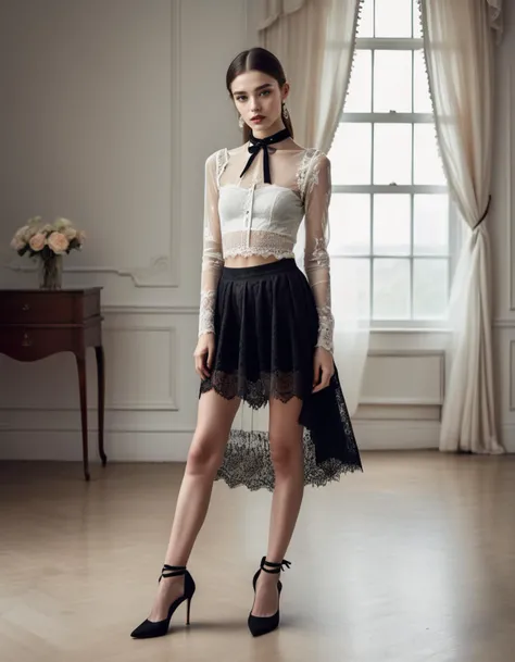 (full length vogue style photograph:1.9) ((a pale french woman)), choker, thin white sheer see through lace crop top, looks at the camera, cleavage,  9 inch heels, (single lace garter:1.2)
natural hair,
[room, simple background],
confident face,
(natural skin:1.2),
(1 person:1.3),
hdr, 4k, cinematic, hyperrealistic