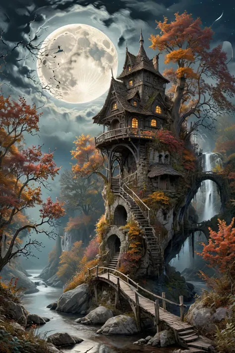 Pen and Ink Drawing, full tree quarter view of (Fairytale:1.3) hut on (two legs:1.6) on cliff in fantastic dark autumn forest, flowers, river, arched bridge, waterfall, (huge full moon:1.4), stars, light clouds and fog, silence, calmness,
8k, high resolution, Complex contrast, vibrant, extremely detailed,
style of Neal Adams, Arthur Adams,
<lora:HDRv1:1>, <lora:add-detail-xl:0.8>, fractalvines, <lora:Fractal_Vines:0.7>