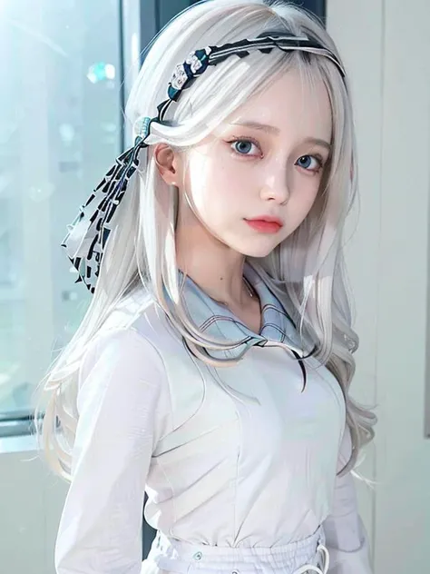 best quality,highly detailed,Detailed clothing,masterpiece,Clean face,8K raw,ultra-detailed,solo,1girl,Delicate eyes,long_hair,blue_eyes,(hairband),(White hair:1.5),(school uniform:1),expressionless, <lora:kaguyaSamaLoveIsWar_skV1:1>, <lora:koreanDollLikeness_v15:0.6>, pureerosface_v1