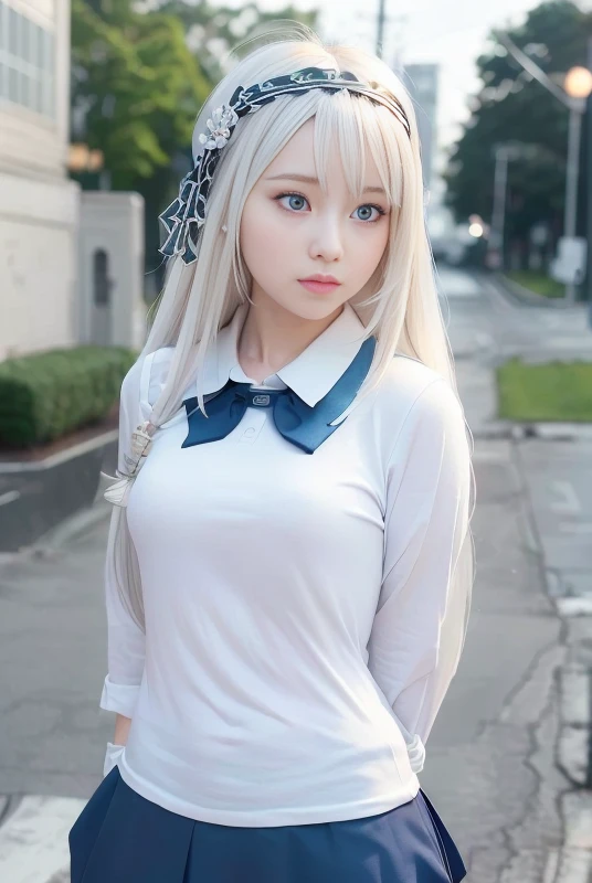 (8k, RAW photo, best quality, masterpiece:1.2), ulra high res, (photorealistic:1.4), 1girl, (kpop idol), (aegyo sal:1), ((puffy eyes)), looking at viewer,(realistic, photo-realistic:1.37), 1girl, professional lighting, photon mapping, radiosity, physically-based rendering, Kei_Shirogane,<lora:kaguyaSamaLoveIsWar_skV1:0.7>, (pureerosface_v1:0.5), (ulzzang-6500:0.5), long_hair,blue_eyes, (hairband), (White hair:1), (school uniform:1), expressionless, \(cosplay\), medium breast, perky tits, <hypernet:sxzBloom_sxzBloom:0.5>, 21charturnerv2