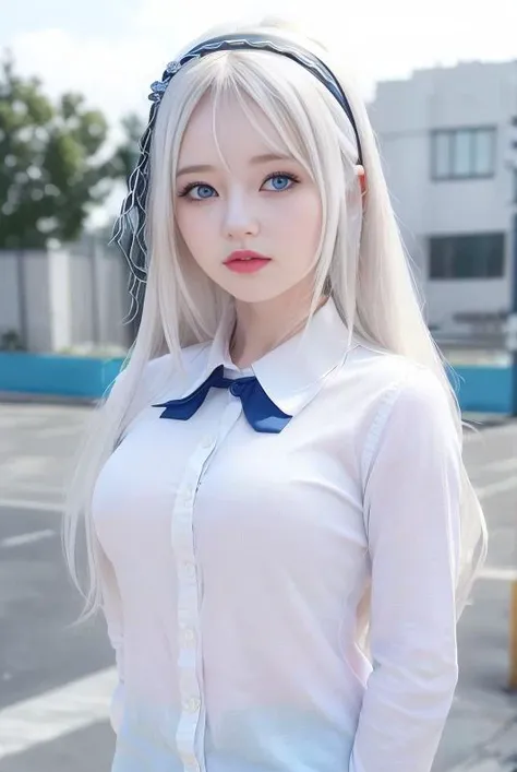 (8k, RAW photo, best quality, masterpiece:1.2), ulra high res, (photorealistic:1.4), 1girl, (kpop idol), (aegyo sal:1), ((puffy eyes)), looking at viewer,(realistic, photo-realistic:1.37), 1girl, professional lighting, photon mapping, radiosity, physically-based rendering, Kei_Shirogane,<lora:kaguyaSamaLoveIsWar_skV1:0.7>, red lips, fashi-girl, makeup, realistic, <lora:fashionGirl_v50:0.5>, long_hair,blue_eyes, (hairband), (White hair:1), (school uniform:1), expressionless, \(cosplay\), medium breast, perky tits, <hypernet:sxzBloom_sxzBloom:0.5>, 21charturnerv2
