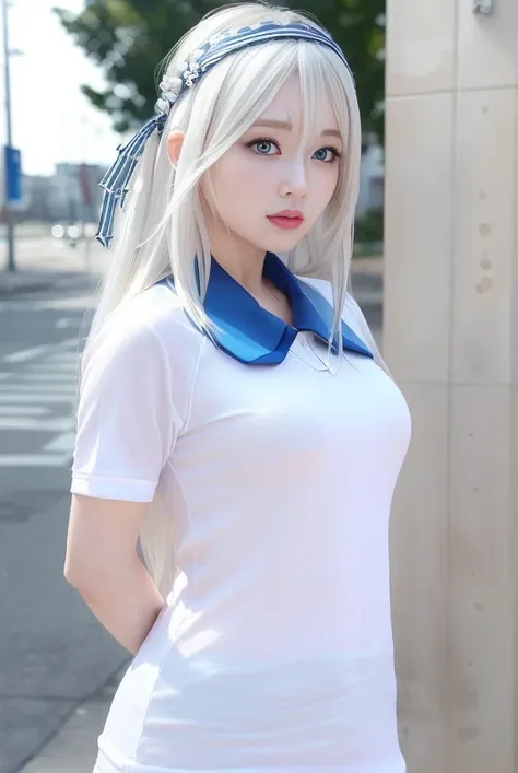 (8k, RAW photo, best quality, masterpiece:1.2), ulra high res, (photorealistic:1.4), 1girl, (kpop idol), (aegyo sal:1), ((puffy eyes)), looking at viewer,(realistic, photo-realistic:1.37), 1girl, professional lighting, photon mapping, radiosity, physically-based rendering, Kei_Shirogane,<lora:kaguyaSamaLoveIsWar_skV1:0.7>, red lips, fashi-girl, makeup, realistic, <lora:fashionGirl_v50:0.5>, long_hair,blue_eyes, (hairband), (White hair:1), (school uniform:1), expressionless, \(cosplay\), medium breast, perky tits, <hypernet:sxzBloom_sxzBloom:0.5>, 21charturnerv2