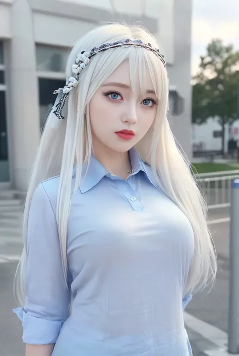 (8k, RAW photo, best quality, masterpiece:1.2), ulra high res, (photorealistic:1.4), 1girl, (kpop idol), (aegyo sal:1), ((puffy eyes)), looking at viewer,(realistic, photo-realistic:1.37), 1girl, professional lighting, photon mapping, radiosity, physically-based rendering, Kei_Shirogane,<lora:kaguyaSamaLoveIsWar_skV1:0.7>, red lips, fashi-girl, makeup, realistic, <lora:fashionGirl_v50:0.5>, long_hair,blue_eyes, (hairband), (White hair:1), (school uniform:1), expressionless, \(cosplay\), medium breast, perky tits, <hypernet:sxzBloom_sxzBloom:0.5>, 21charturnerv2