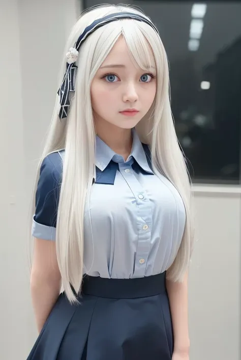 (8k, RAW photo, best quality, masterpiece:1.2), ulra high res, (photorealistic:1.4), 1girl, (kpop idol), (aegyo sal:1), ((puffy eyes)), looking at viewer,(realistic, photo-realistic:1.37), 1girl, professional lighting, photon mapping, radiosity, physically-based rendering, Kei_Shirogane,<lora:kaguyaSamaLoveIsWar_skV1:0.7>, (pureerosface_v1:0.5), (ulzzang-6500:0.5), long_hair,blue_eyes, (hairband), (White hair:1), (school uniform:1), expressionless, \(cosplay\), medium breast, perky tits, <hypernet:sxzBloom_sxzBloom:0.5>, 21charturnerv2