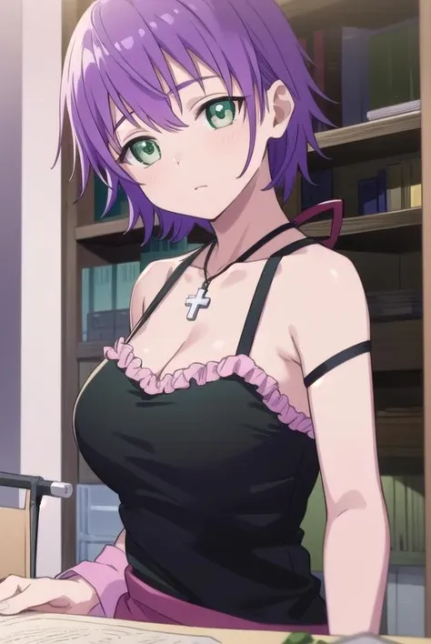 natsumiorifushi, <lora:natsumiorifushi-lora-nochekaiser:1>,
natsumi orifushi, short hair, (green eyes:1.5), purple hair,
BREAK bare shoulders, necklace, cross, dress, pink dress, cleavage,
BREAK looking at viewer,
BREAK indoors,
BREAK <lyco:GoodHands-beta2:1>, (masterpiece:1.2), best quality, high resolution, unity 8k wallpaper, (illustration:0.8), (beautiful detailed eyes:1.6), extremely detailed face, perfect lighting, extremely detailed CG, (perfect hands, perfect anatomy),