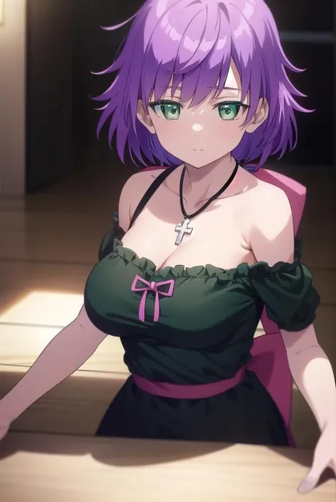 natsumiorifushi, <lora:natsumiorifushi-lora-nochekaiser:1>,
natsumi orifushi, short hair, (green eyes:1.5), purple hair,
BREAK bare shoulders, necklace, cross, dress, pink dress, cleavage,
BREAK looking at viewer,
BREAK indoors,
BREAK <lyco:GoodHands-beta2:1>, (masterpiece:1.2), best quality, high resolution, unity 8k wallpaper, (illustration:0.8), (beautiful detailed eyes:1.6), extremely detailed face, perfect lighting, extremely detailed CG, (perfect hands, perfect anatomy),