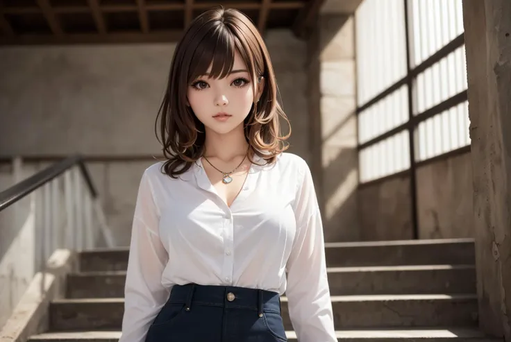 (top quality, 8k wallpaper), (masterpiece, best quality, high resolution, ultra details:1.2), extreme quality, sharp focus, photorealistic, ultra detailed, (1girl, she is young Japanese girl), BREAK (brown hair, medium wavy hair, medium breasts, bangs:1.3), (shiny skin, extremely detailed body, extremely detailed skin), (looking at viewer, standing, model posing:1.2), (perfect fingers), BREAK (from front, front view, front face, facing viewer, panorama, cowboy shot, far-reaching), (necklace, bangle:1.1), (emergency stairs, cracked concrete wall, indoors, rim lighting, extremely detailed background:1.2), (she is wearing white shirts:1.3),