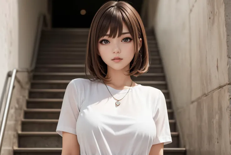 (top quality, 8k wallpaper), (masterpiece, best quality, high resolution, ultra details:1.2), extreme quality, sharp focus, photorealistic, ultra detailed, (1girl, she is young Japanese girl), BREAK (brown hair, medium wavy hair, medium breasts, bangs:1.3), (shiny skin, extremely detailed body, extremely detailed skin), (looking at viewer, standing, model posing:1.2), (perfect fingers), BREAK (from front, front view, front face, facing viewer, panorama, cowboy shot, far-reaching), (necklace, bangle:1.1), (emergency stairs, cracked concrete wall, indoors, rim lighting, extremely detailed background:1.2), (she is wearing white shirts:1.3),