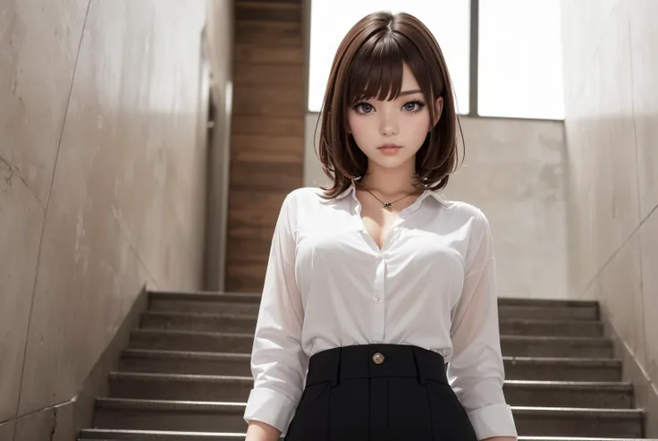 (top quality, 8k wallpaper), (masterpiece, best quality, high resolution, ultra details:1.2), extreme quality, sharp focus, photorealistic, ultra detailed, (1girl, she is young Japanese girl), BREAK (brown hair, medium wavy hair, medium breasts, bangs:1.3), (shiny skin, extremely detailed body, extremely detailed skin), (looking at viewer, standing, model posing:1.2), (perfect fingers), BREAK (from front, front view, front face, facing viewer, panorama, cowboy shot, far-reaching), (necklace, bangle:1.1), (emergency stairs, cracked concrete wall, indoors, rim lighting, extremely detailed background:1.2), (she is wearing white shirts:1.3),