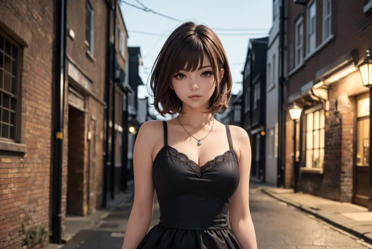 (top quality, 8k wallpaper), (masterpiece, best quality, high resolution, ultra details:1.2), extreme quality, sharp focus, photorealistic, ultra detailed, (1girl, she is young Japanese girl), BREAK (brown hair, medium wavy hair, medium , bangs:1.3), (shiny skin, extremely detailed body, extremely detailed skin), (looking at viewer, standing, model posing:1.2), (perfect fingers), BREAK (from front, front view, front face, facing viewer, panorama, cowboy shot, far-reaching), (necklace, bangle:1.1), ((Late at night, arrow alley in London, cobblestone pavement, dimly lit streetlights, an atmosphere that looks like Jack the Ripper, a dark and lonely scene, outdoors)), (she is wearing long ball gown:1.3),