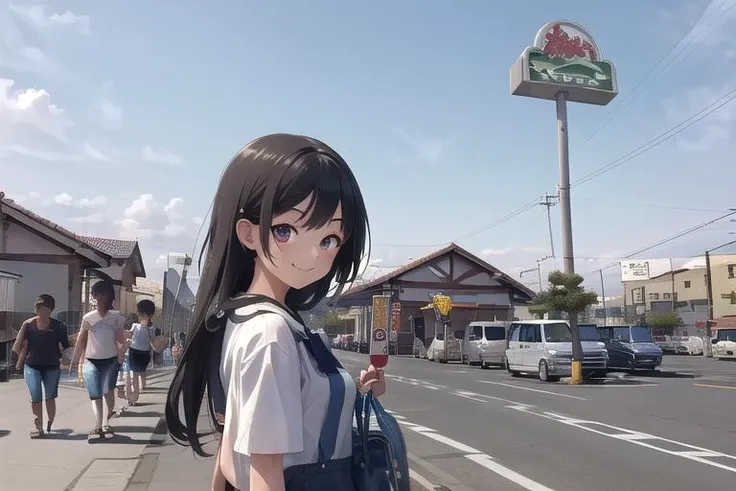 masterpiece, best quality,ultra detail, girl,girl focus,smile,shiny eyes,from side,close up,hungry,sawayaka, (storefront),sign, store<lora:sawayaka_ex_SD15_V2:0.7>throng,road sign, real world location, blue sky, utility pole, lamppost,crowd guest