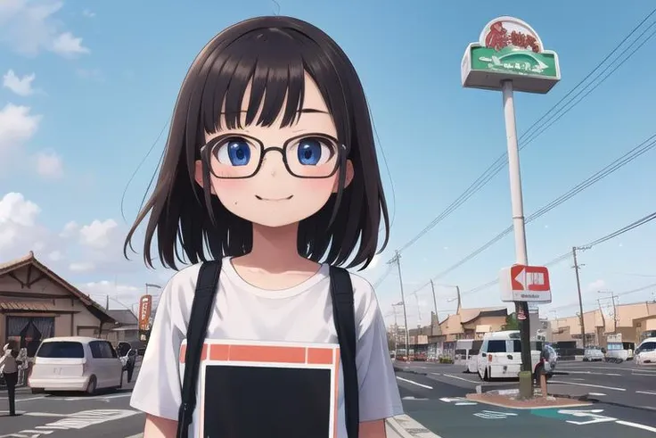 masterpiece, best quality,ultra detail, girl,girl focus,glasses,smile,close up,hungry,sawayaka, (storefront),sign, store<lora:sawayaka_ex_SD15_V2:0.7>throng,road sign, real world location, blue sky, utility pole, lamppost,crowd guest