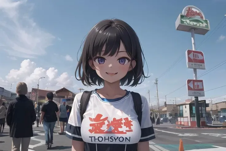 masterpiece, best quality,ultra detail, girl,girl focus,smile,shiny eyes,close up,hungry,sawayaka, (storefront),sign, store<lora:sawayaka_ex_SD15_V2:0.7>throng,road sign, real world location, blue sky, lamppost,(crowd guest)