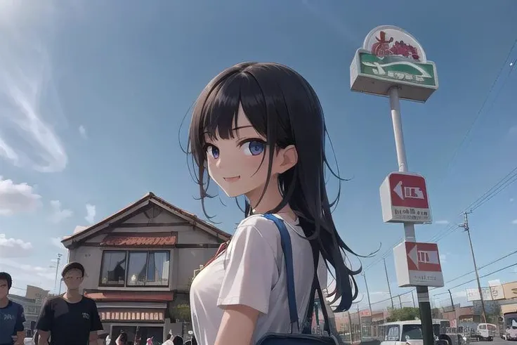 masterpiece, best quality,ultra detail, girl,girl focus,smile,shiny eyes,close up,hungry,sawayaka, (storefront),sign, store<lora:sawayaka_ex_SD15_V2:0.7>throng,road sign, real world location, blue sky, lamppost,(crowd guest)