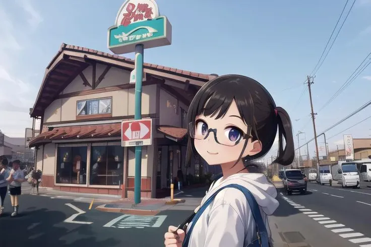 masterpiece, best quality,ultra detail, girl,girl focus,glasses,smile,shiny eyes,from side,close up,hungry,sawayaka, (storefront),sign, store<lora:sawayaka_ex_SD15_V2:0.7>throng,road sign, real world location, blue sky, utility pole, lamppost,crowd guest