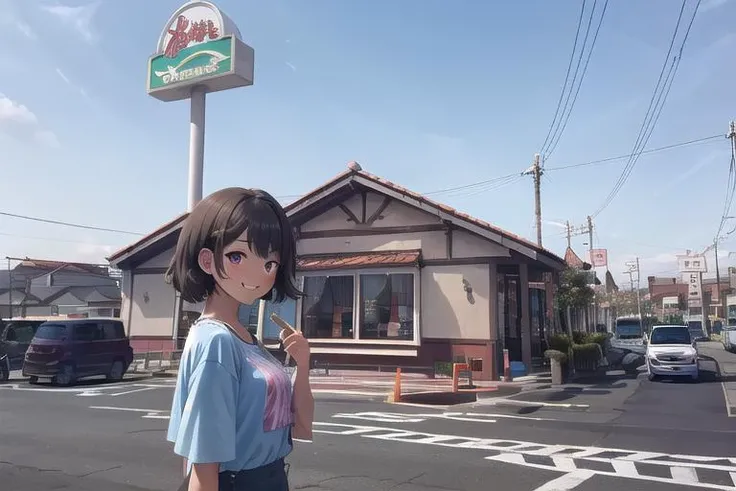 masterpiece, best quality,ultra detail, girl,girl focus,smile,shiny eyes,from side,close up,hungry,sawayaka, (storefront),sign, store<lora:sawayaka_ex_SD15_V2:0.7>throng,road sign, real world location, blue sky, utility pole, lamppost,crowd guest