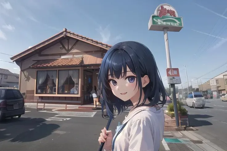 masterpiece, best quality,ultra detail, girl,girl focus,smile,shiny eyes,close up,hungry,sawayaka, (storefront),sign, store<lora:sawayaka_ex_SD15_V2:0.7>throng,road sign, real world location, blue sky, lamppost,(crowd guest)