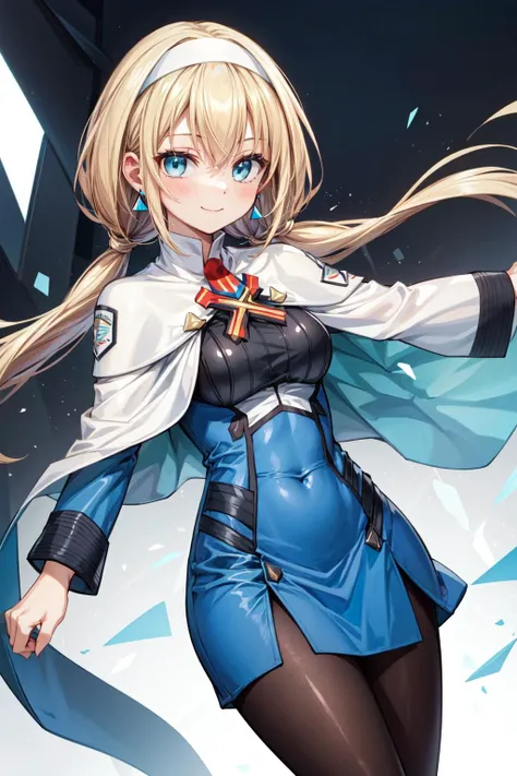 masterpiece, best quality, highres, 1girl, white capelet, capelet, blonde hair, twintails, breasts, low twintails, hairband, long hair, blue eyes, earrings, white hairband, uniform, dress, triangle earrings, military, large breasts, hair behind ear, jewelry, blue dress, military uniform, bangs, black pantyhose, mitsuba1, <lora:mitsubaGreyvalleySUPER_v1:1><hypernet:animeBondage_bondageShibariV3:0.05>