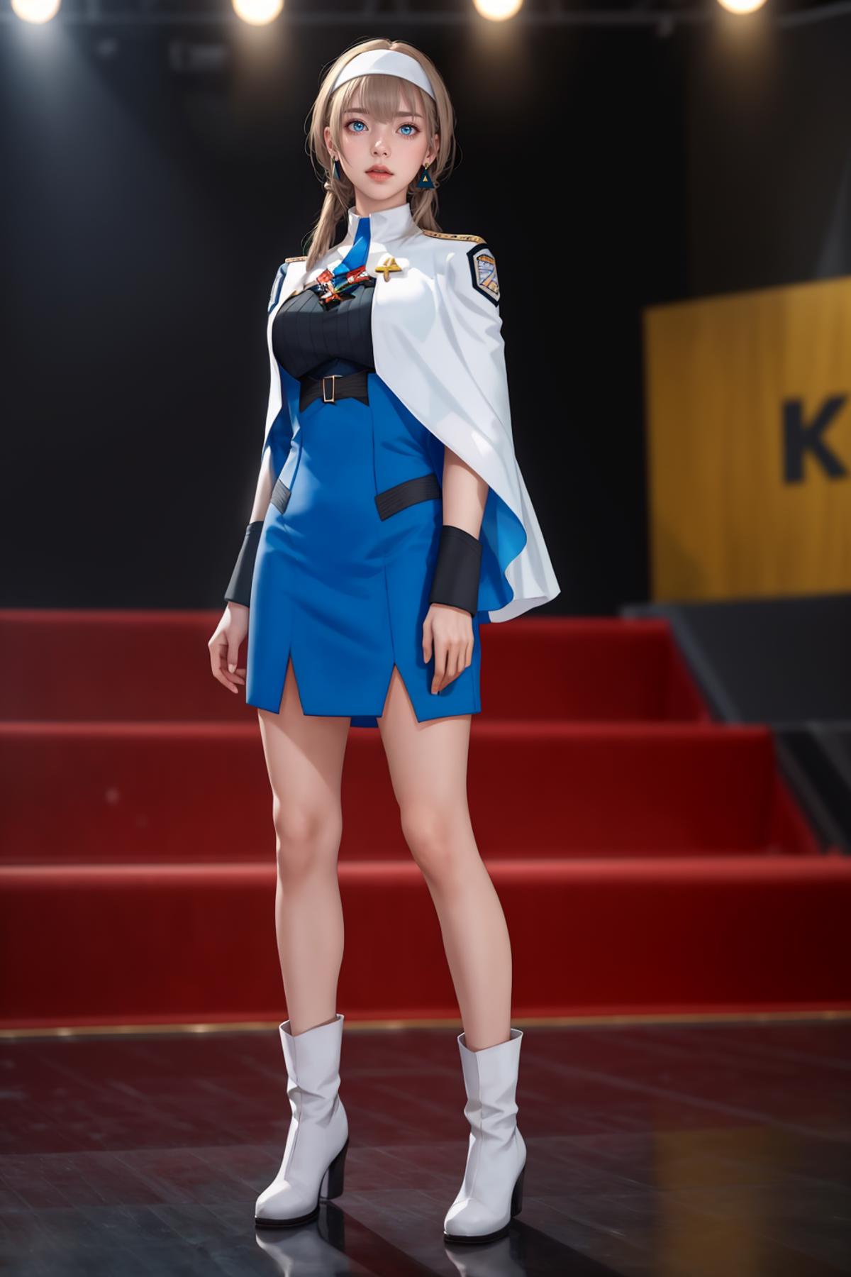 A woman in a blue dress and white jacket standing on a stage - SeaArt AI