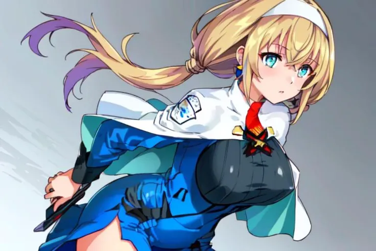 masterpiece, best quality, highres, 1girl, white capelet, capelet, blonde hair, twintails, breasts, low twintails, hairband, long hair, blue eyes, earrings, white hairband, uniform, dress, triangle earrings, military, large breasts, hair behind ear, jewelry, blue dress, military uniform, bangs, black pantyhose, mitsuba1, <lora:mitsubaGreyvalleySUPER_v1:1><hypernet:animeBondage_bondageShibariV3:0.05>
