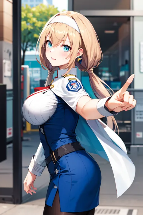 masterpiece, best quality, highres, 1girl, white capelet, capelet, blonde hair, twintails, breasts, low twintails, hairband, long hair, blue eyes, earrings, white hairband, uniform, dress, triangle earrings, military, large breasts, hair behind ear, jewelry, blue dress, military uniform, bangs, black pantyhose, mitsuba1, <lora:mitsuba_greyvalley_v1:0.6>, from side, pointing, outdoors,